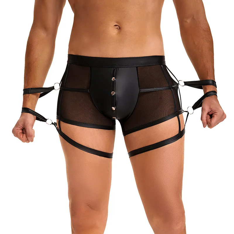 Fashion Design Plus Size Faux Leather Sexy Men Boxer Briefs Bondage Panties  Sexy Underwear Sheer Mesh Lingerie with Handscuff