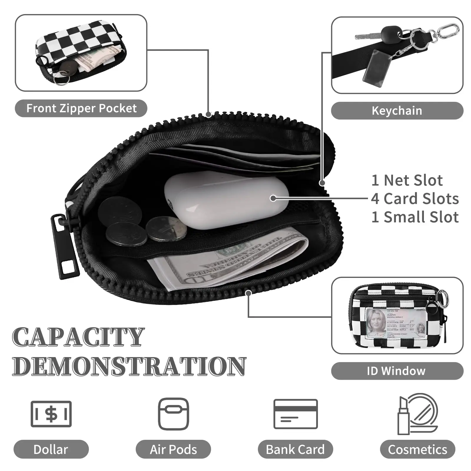 Women's Keychain Wallet The Iris Wallet Zip Waterproof Nylon Card Wallet Pouch Wristlet Zip Card Case with Clear ID Window