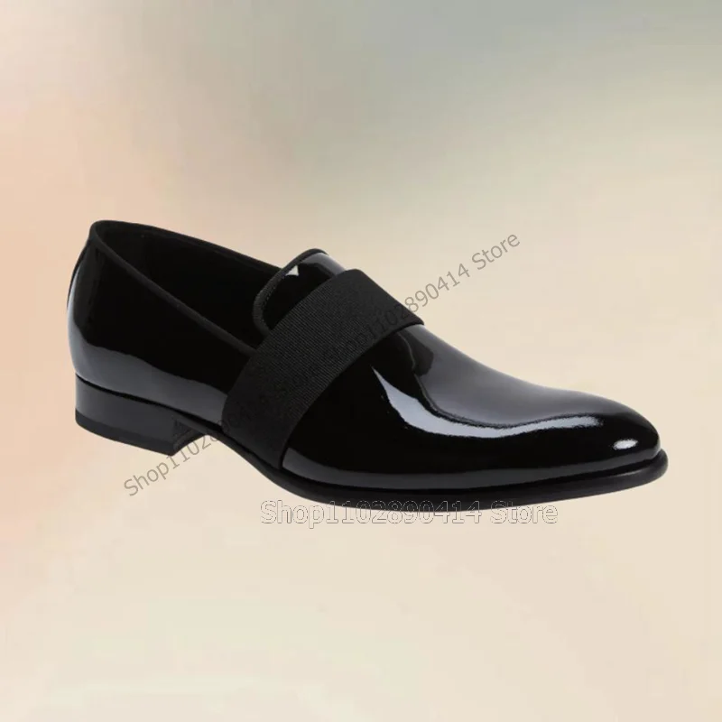 Mocassins artesanais de couro envernizado para homens, decoração preta Riband, sapatos deslizantes, festa de casamento luxuosa, sapatos de