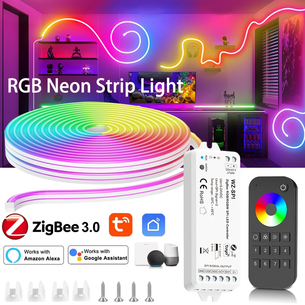 5M 10M RGB Neon LED Strip with Tuya Zigbee+RF SPI LED Controller WZ-SPI RF Remote 12V Waterproof Flexible Ribbon Tape Neon Light