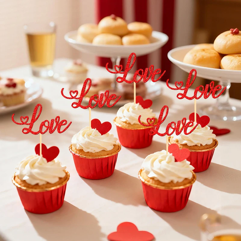 YOMDID 24Pcs Valentine's Day Love Cupcake Toppers Glitter Love Sign Cupcake Picks For Wedding Party Cake Decorations Supplies - view 6