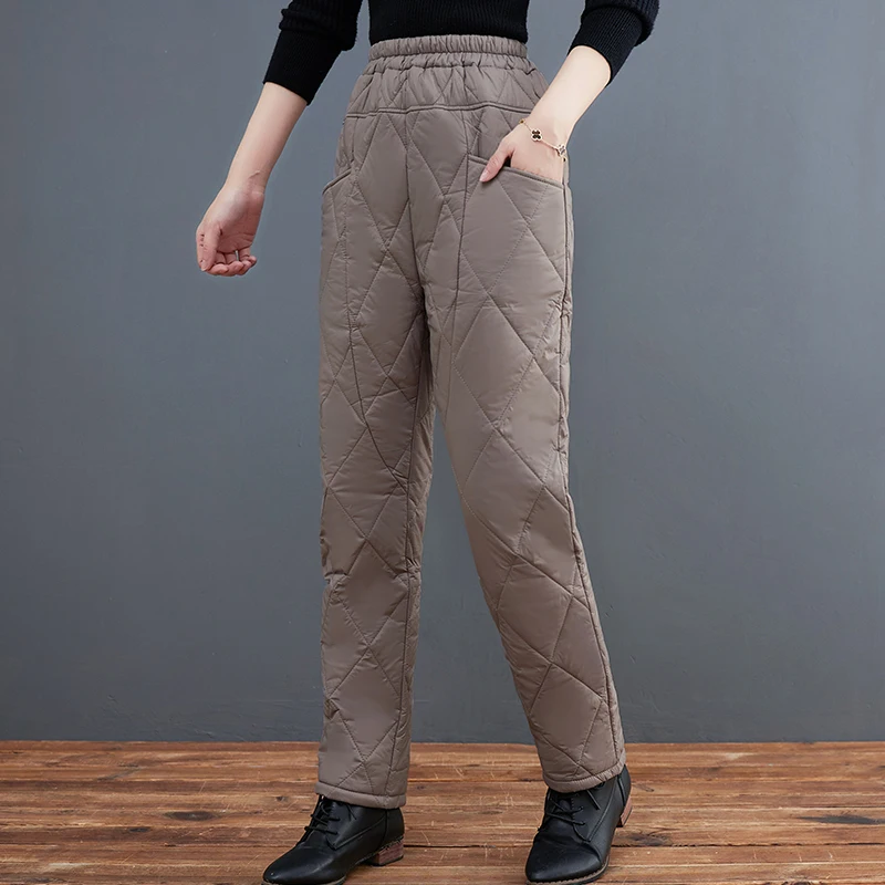 Women Winter Thick Pants Solid Warm Harem Pants Casual Mom Plaid Trousers Female  Elastic High Waist Sweatpants