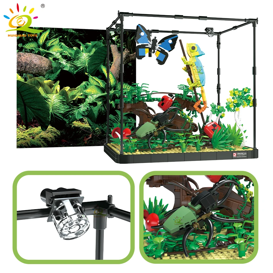 HUIQIBAO MOC Tropical Rainforest Display Box Building Block With Light Brick Lizard insect City Construction Toy For Children