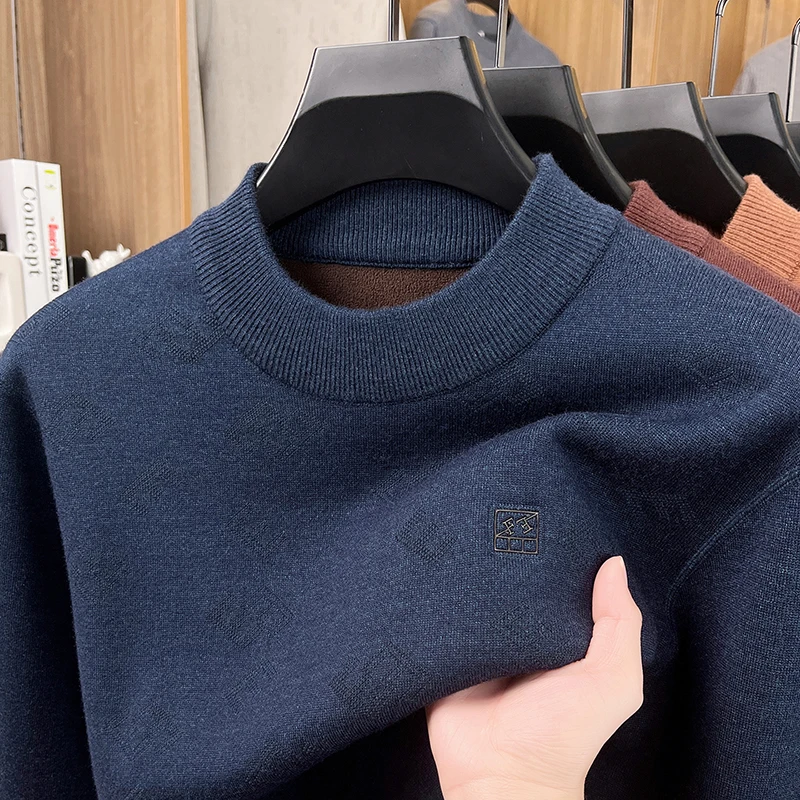 高級メンズ新秋長袖ニットプルオーバーラウンドネック刺繍保温高品質セーターレジャービジネストップス
