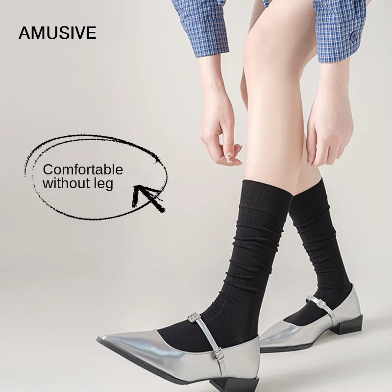 Women's Grey  Anti‑Pilling Calf Socks, Heel‑Shaped Support Vertical‑Stripe Solid‑Color High‑Tubed Slouch Socks 10‑Pairs Pack