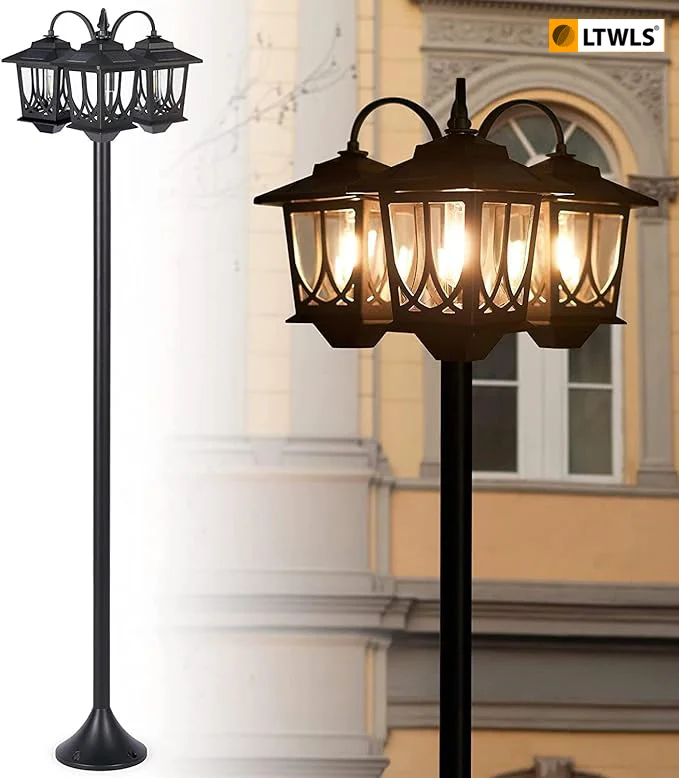 

Retro high pole three head street,courtyard solar lights, floor to ceiling landscape decorative lights