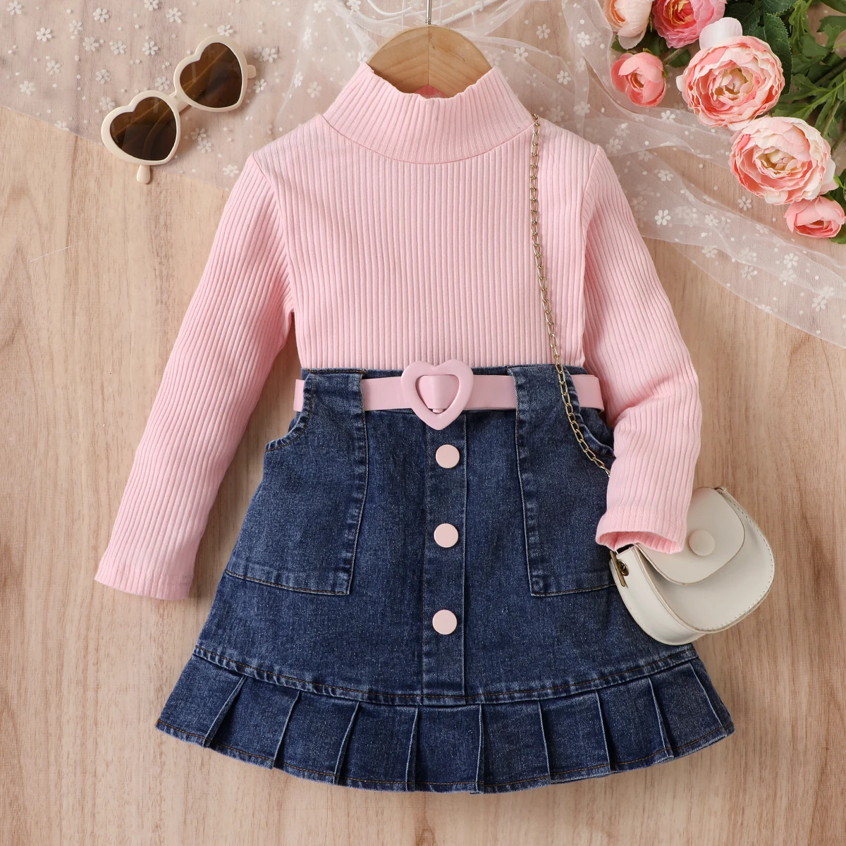 Girls High Neck Long Sleeve Ribbed Denim Pleated Skirt With Belt