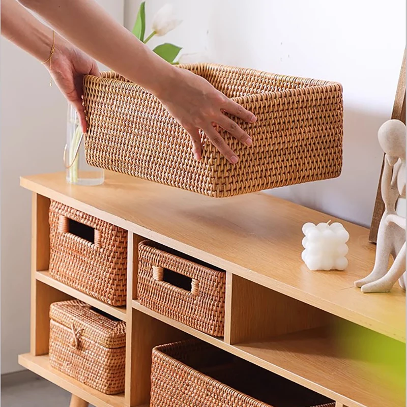 Hand-woven Rattan Wicker Basket, Fruit Tea Snack Bread Basket, Cosmetic Rectangular Storage Box, Household Kitchen Supplies