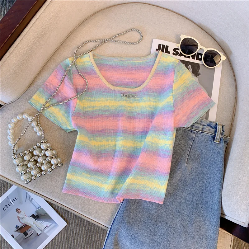 Contrast Striped T-shirt For Women\'s Summer Knitted Short Sleeved Tee  Cool Girls Fashion High Street Square Collar Short Top