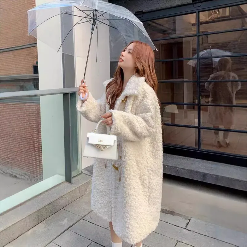 

Extended fur mixed coat with horn buttons plus-size women's lapel furry clothes