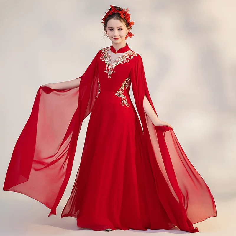 

New children's costume High-end 2024 new folk music Guzheng performance dress girl Chinese national style red Hanfu