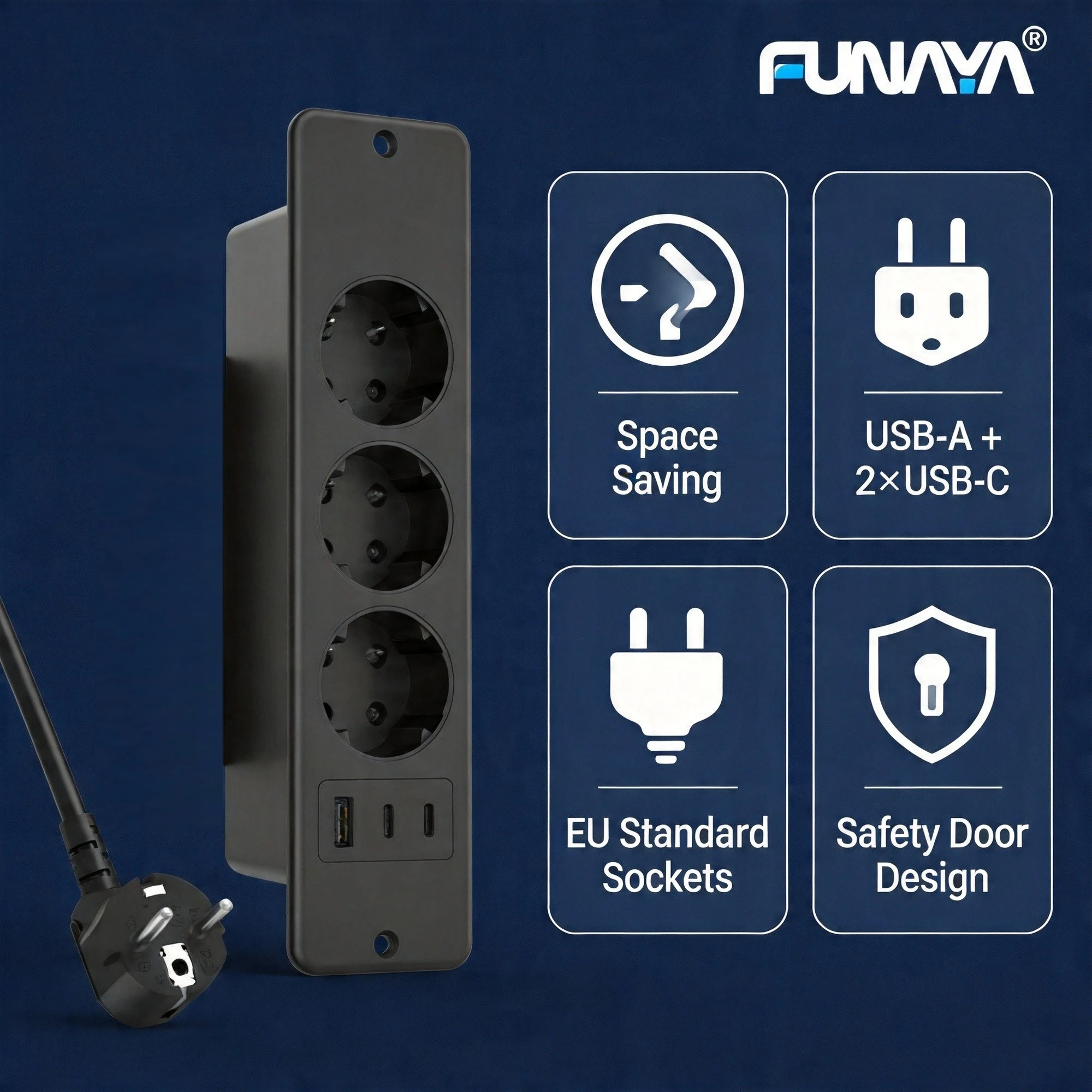 FUNAYA EU KR Built-in Desktop Socket Embedded Hidden Plug with USB Type-c Outlet Office Furniture Multi Slot Extension Sockets