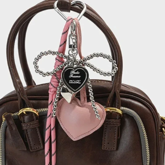 Creative Glossy Leather Pearl Bow Keyring Y2k Bead Love Heart Backpack Pendant Handmade Korean Style 3D Bowknot Keychain School