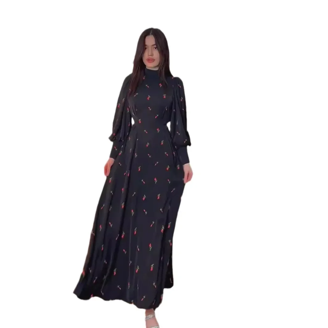 Elegant Black Print Dresses For Women Fashion O-Neck Long Sleeve Dresses Casual New High Waist Lace-Up Ankle-Length Dress