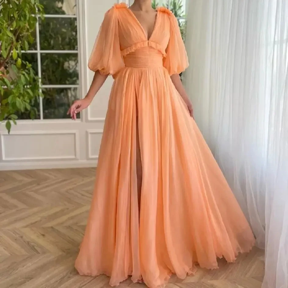 

Romantic Orange Tulle V Neck Pleats Chiffon Prom Dresses for Women Pleats Neck A Line Evening Party Gown Formal Occasion Dress