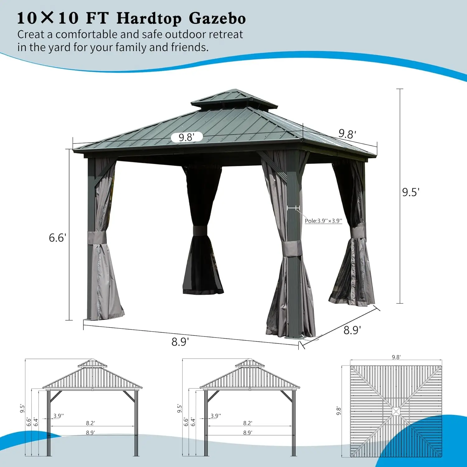 10’ x 10’Outdoor Permanent Metal Pavilion with Galvanized Steel Double Roof for Patio Lawn and Garden, Gray