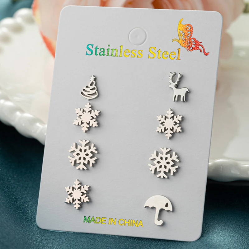 4 Paare/los Mode Nette Deer Weihnachten Ohrringe Edelstahl Schneeflocke Stud Ohrring für Frauen Weihnachten Baum Ohrringe Neue Jahr Geschenk