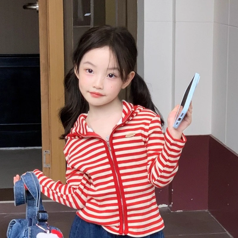 Children's Clothing 2026 Spring and Autumn New Baby Girls' Stylish Fashionable Striped Hooded Zipper Shirt