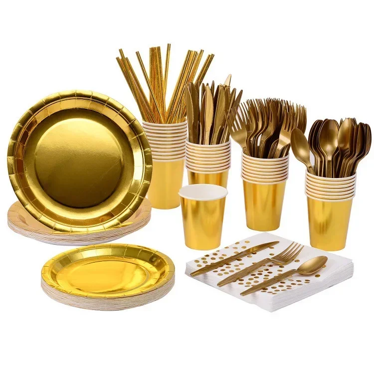 20-teiliges Gold-Einweggeschirr-Set mit Heißprägung für Geburtstage, Feiertage, Freunde, Versammlungen, Veranstaltungsort, Dekoration, Partyzubehör