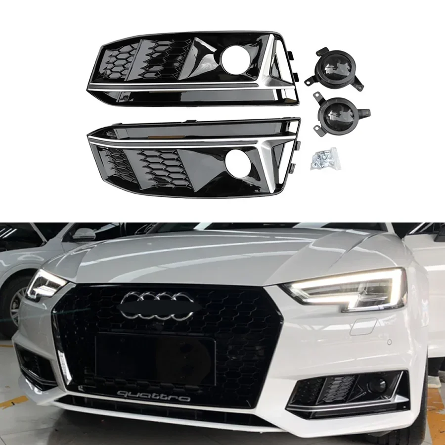 For Audi A4 A4L Sports Version 2017 2018 2019 Replacement  Front Bumper Fog Light Lamp Grille Protector Cover Trim w/ACC