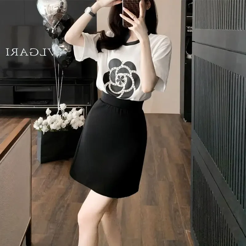 Office Printing Female Outfits Short Sleeve Lightly Cooked Commuting Skirt Women\'s Two Piece Set Jacket Y2k Clothes Stylish Full