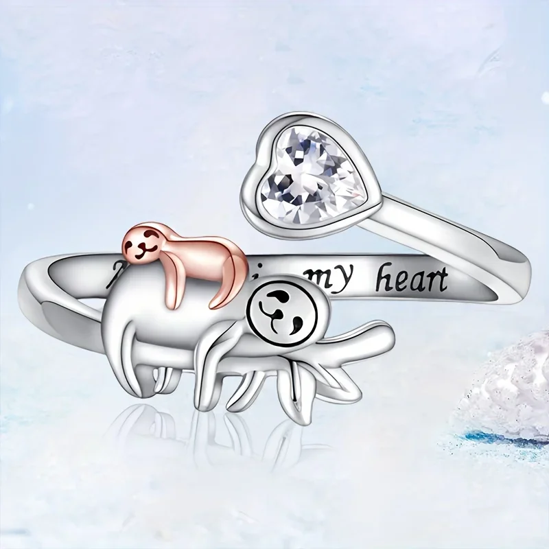 1pc Sloth Mom and Baby Adjustable Opening Ring with Words 