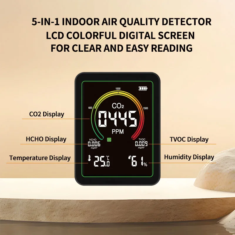 

CO2 home New 5-in-1 Air Quality Monitor HCHO TVOC Temperature & Humidity