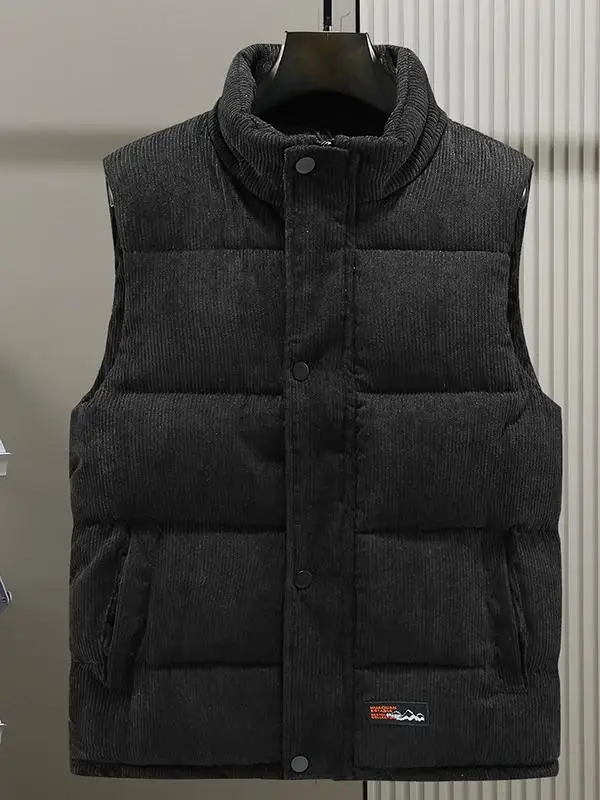 

Thiened Corduroy Jaet Men's Winter Warm Sli Stand Collar Vest Outerwear Youth Faionable Color Zipper Closure
