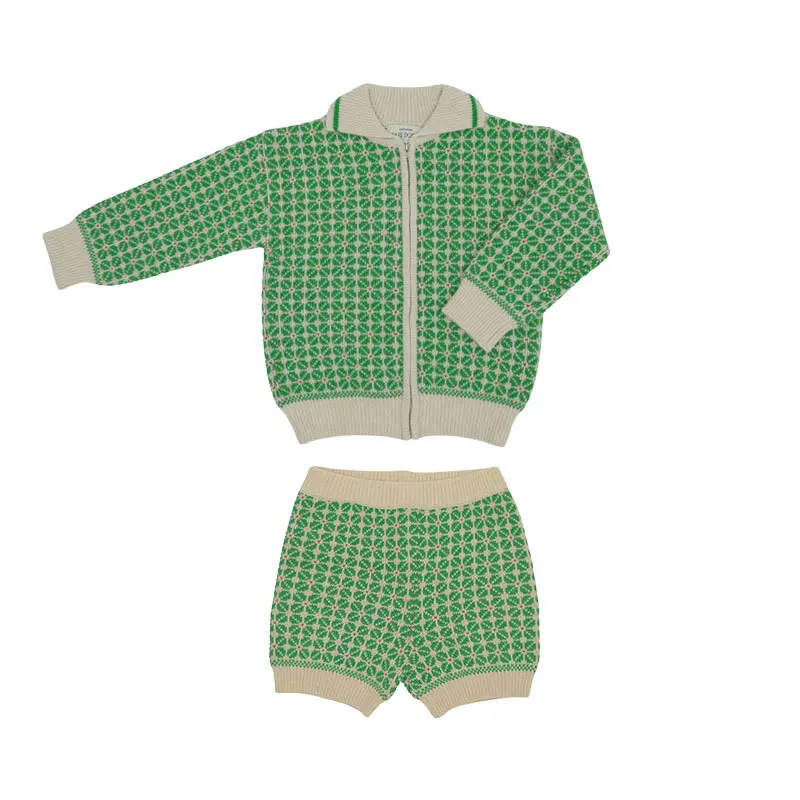 Children's sweater cardigan Autumn winter new version of retro rice character check lapel knitted Short Pants suit for boys girl