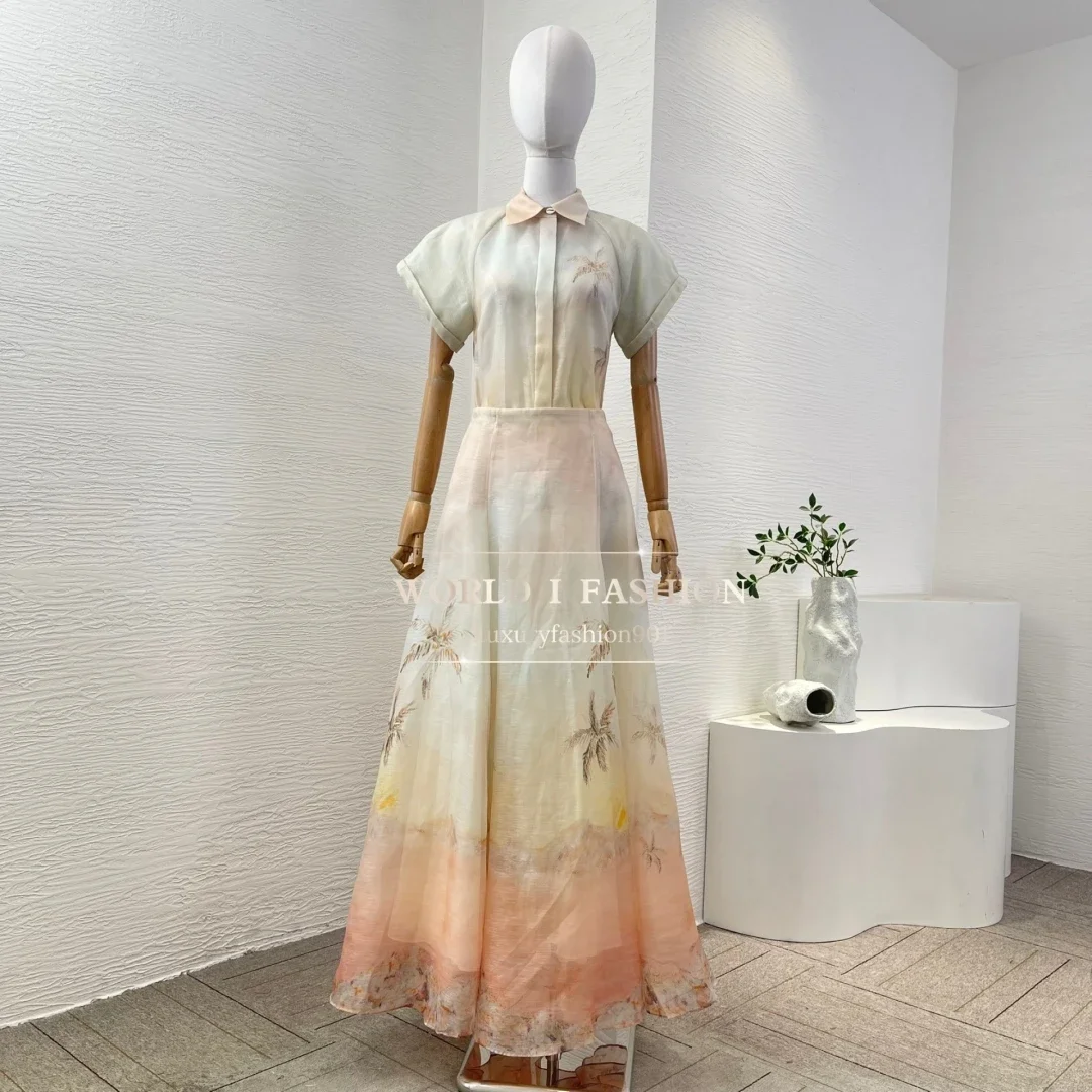 

Linen Silk 2025 Photo Color Short Sleeve Lapel Guava Sea View Blouse Tops and Skirt Set for Women