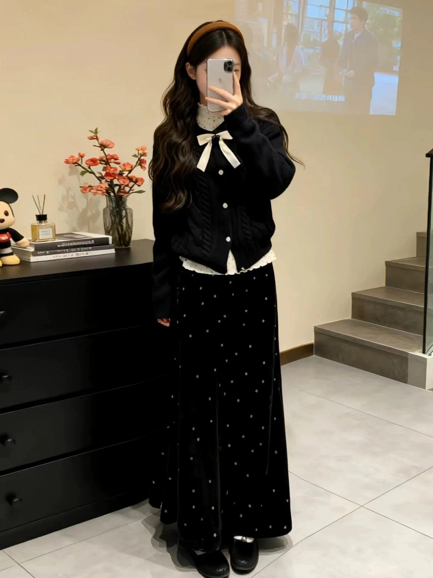 

Black Polka Dot Sweater Dress Set Korean Style Winter Fashion Women's Three-Piece Suit High Waist Knot Warm Clothes