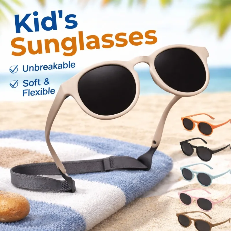 

Round Frame Kid's Sunglasses Flexible Silicone with Adjustable Strap Baby Sunglasses Unbreakable Comfortable Children Eyewear