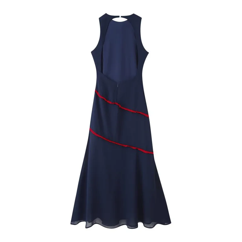 European Style Summer Sleeveless Maxi Dress Women Halter Neck Backless Contrast Ruffle Trim Elegant Long Dresses for Daily