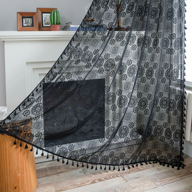 American Black Jacquard Hollowed Out Curtain Rural Translucent Pastorale Living Room Balcony Bedroom Artistic Decoration Curtain