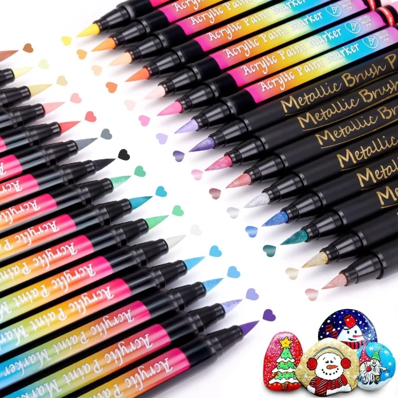 30 Color Acrylic Marker Brush Quick Drying for Painting on Paper Stone Wood Glass Rock Canvas Fabric DIY Craft