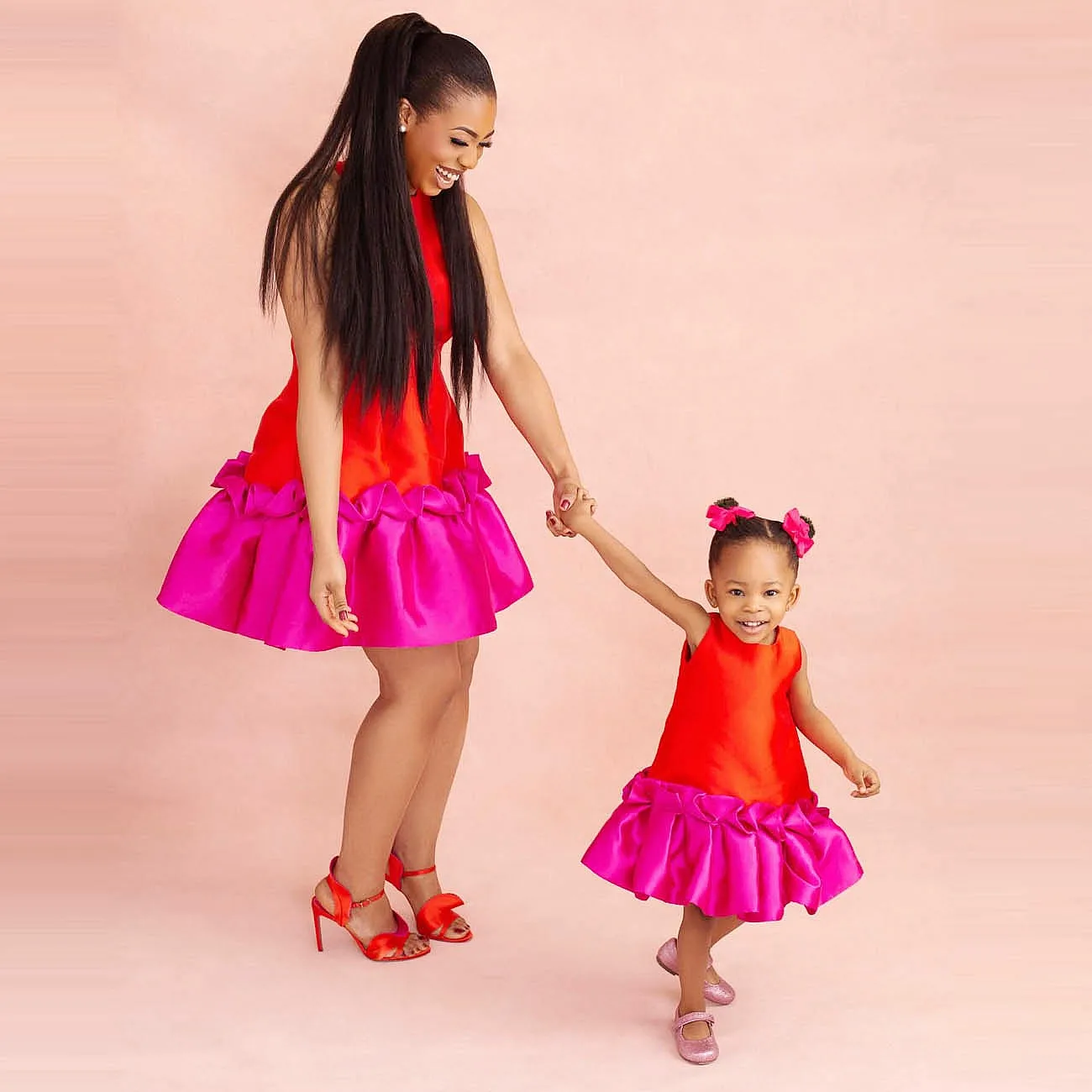 Red &Fuchsia Mother and Daughter Dress  Simple O Neck Family Look  Mixed Color Mommy and Me Birthday  Party  Gowns  For Photos