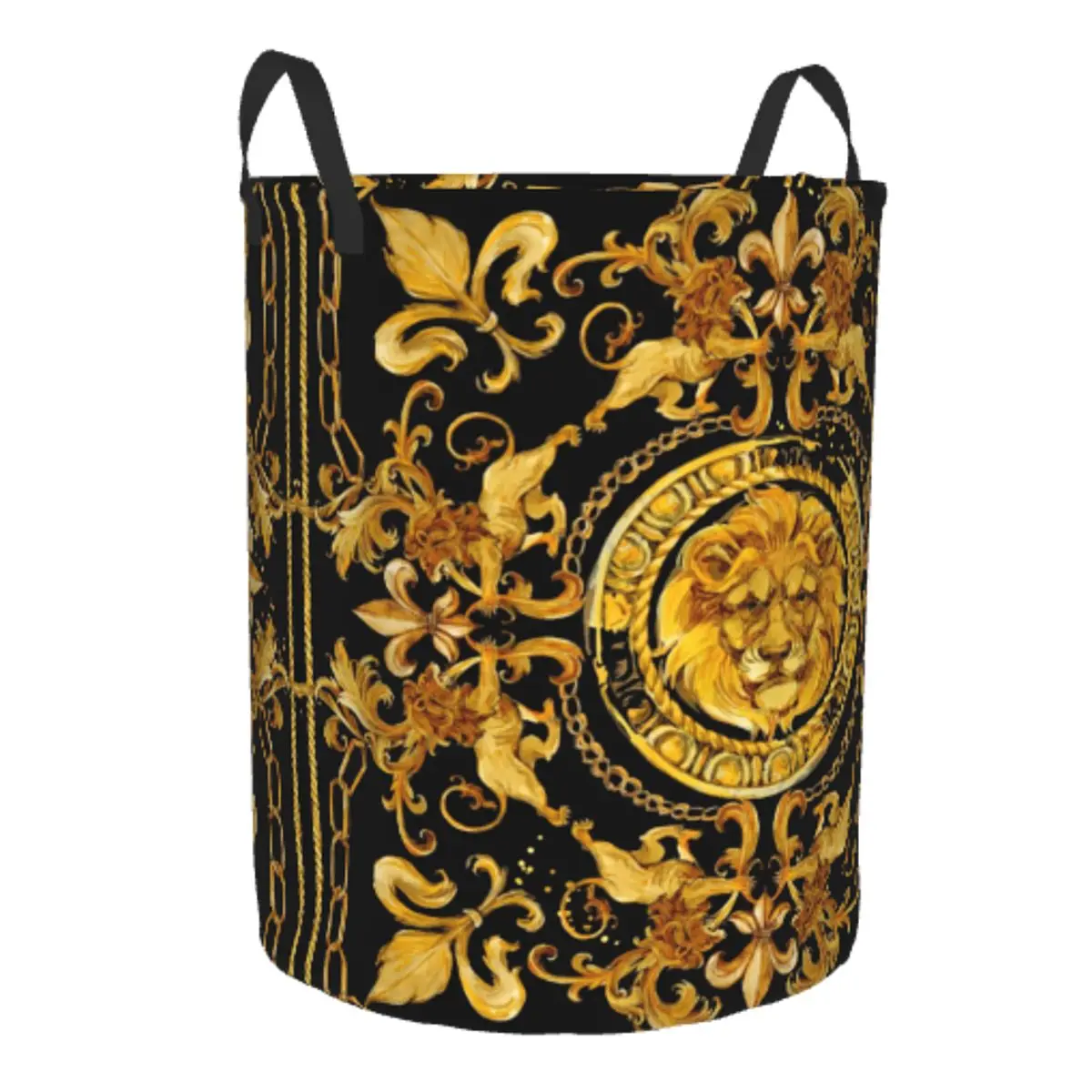 Custom Golden Lion And Damask Ornament Laundry Basket Collapsible Large Clothing Storage Bin Luxury Baroque Floral Baby Hamper