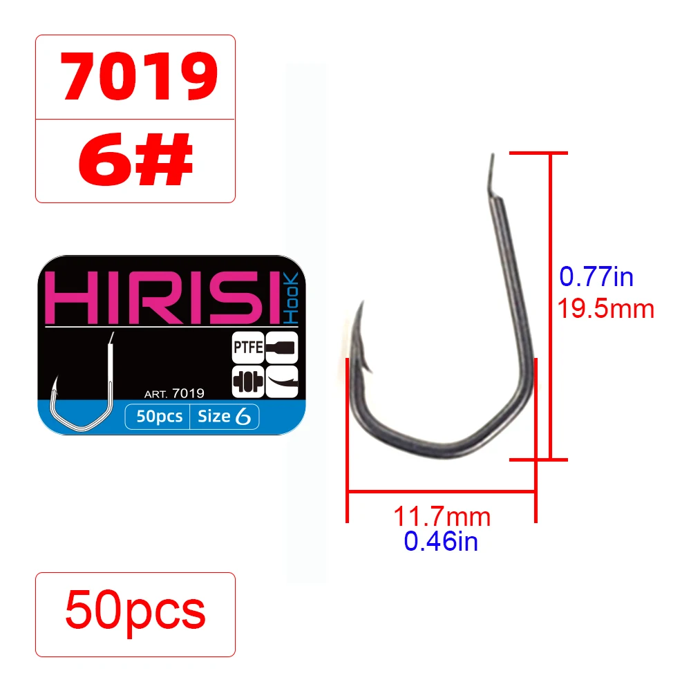 Hirisi 50 x Karpfen-Angelhaken mit Widerhaken, PTFE-beschichteter Angelanschluss aus Kohlenstoffstahl 7019