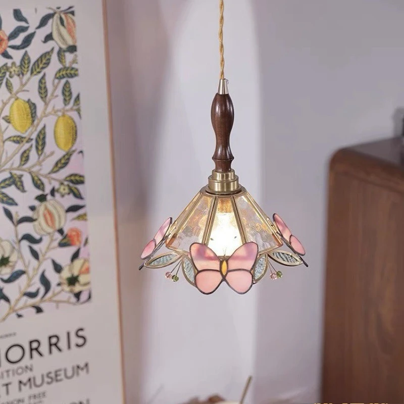 French Vintage Taper Colorful Glass Pendant Lights Wooden Ceiling Chandelier Living Room Bedroom Restaurant Kitchen Hanging Lamp