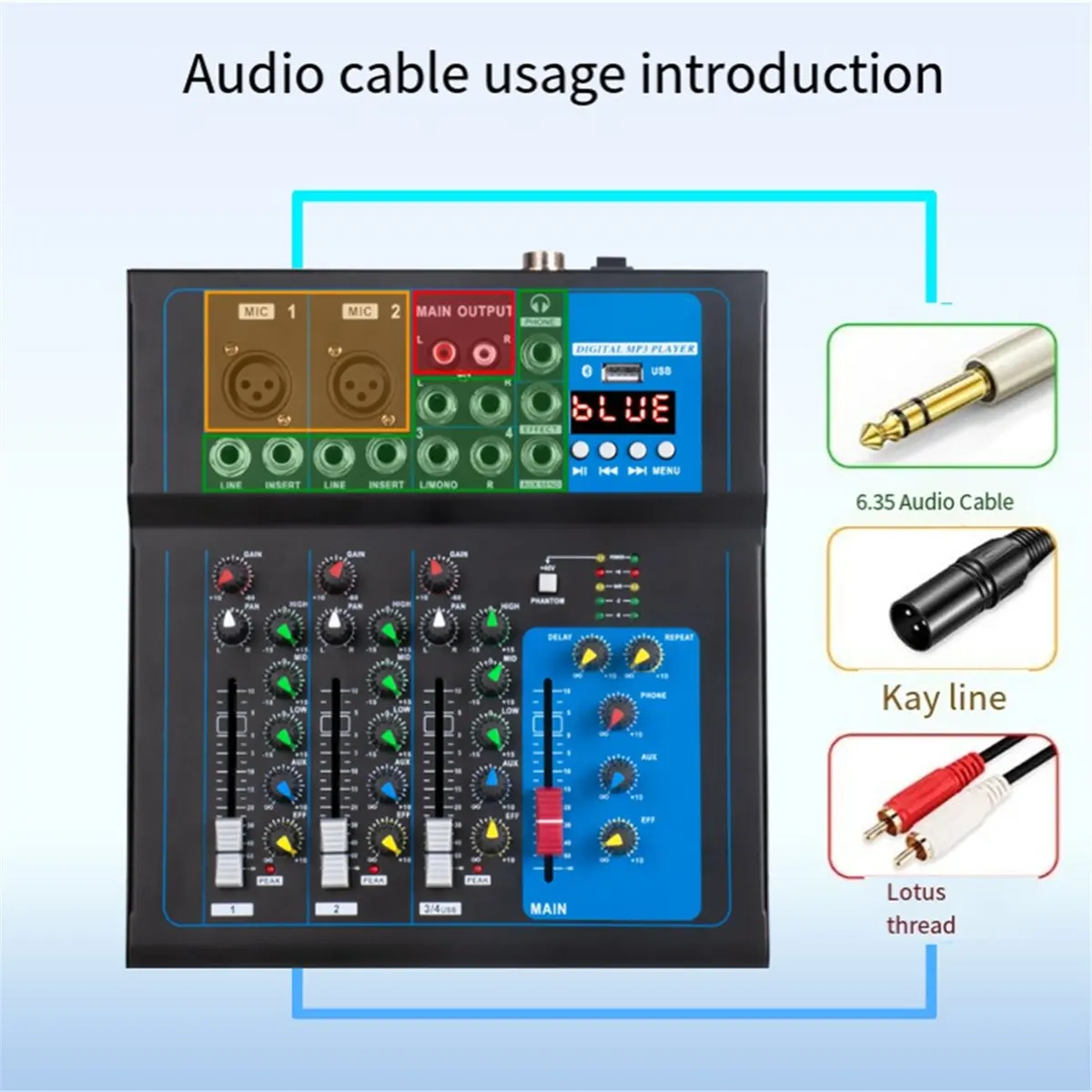 L77A DJ Audio Mixer 4 Channel Sound Mixing Console with USB MP3 Jack 12V Power for Computer Recording and Live US Plug