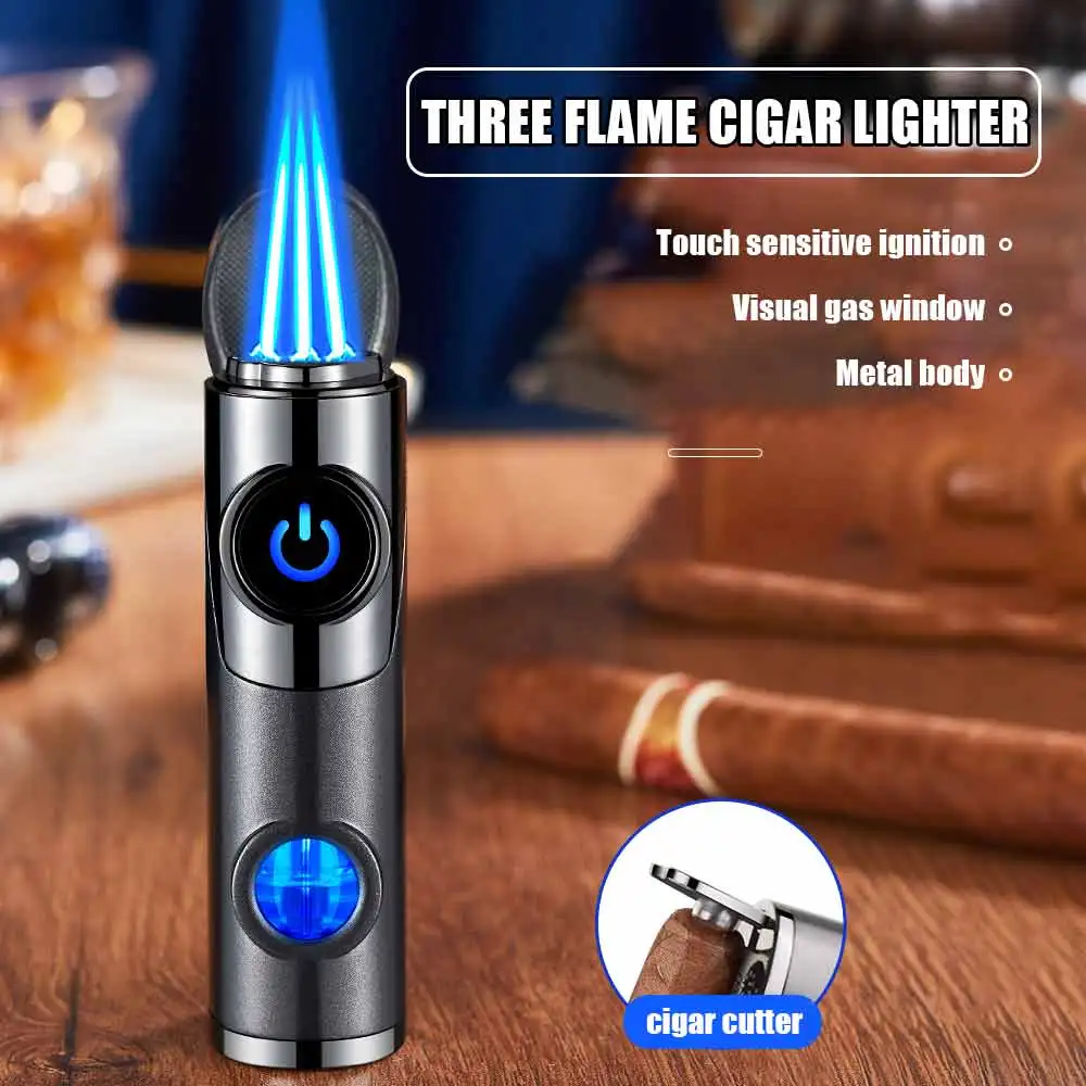 2025 Three Blue Flame Cigar Lighter Touch Sensing Ignition Blue Light Visible Gas Window Bottom Cigar Cutter Type-C Charging