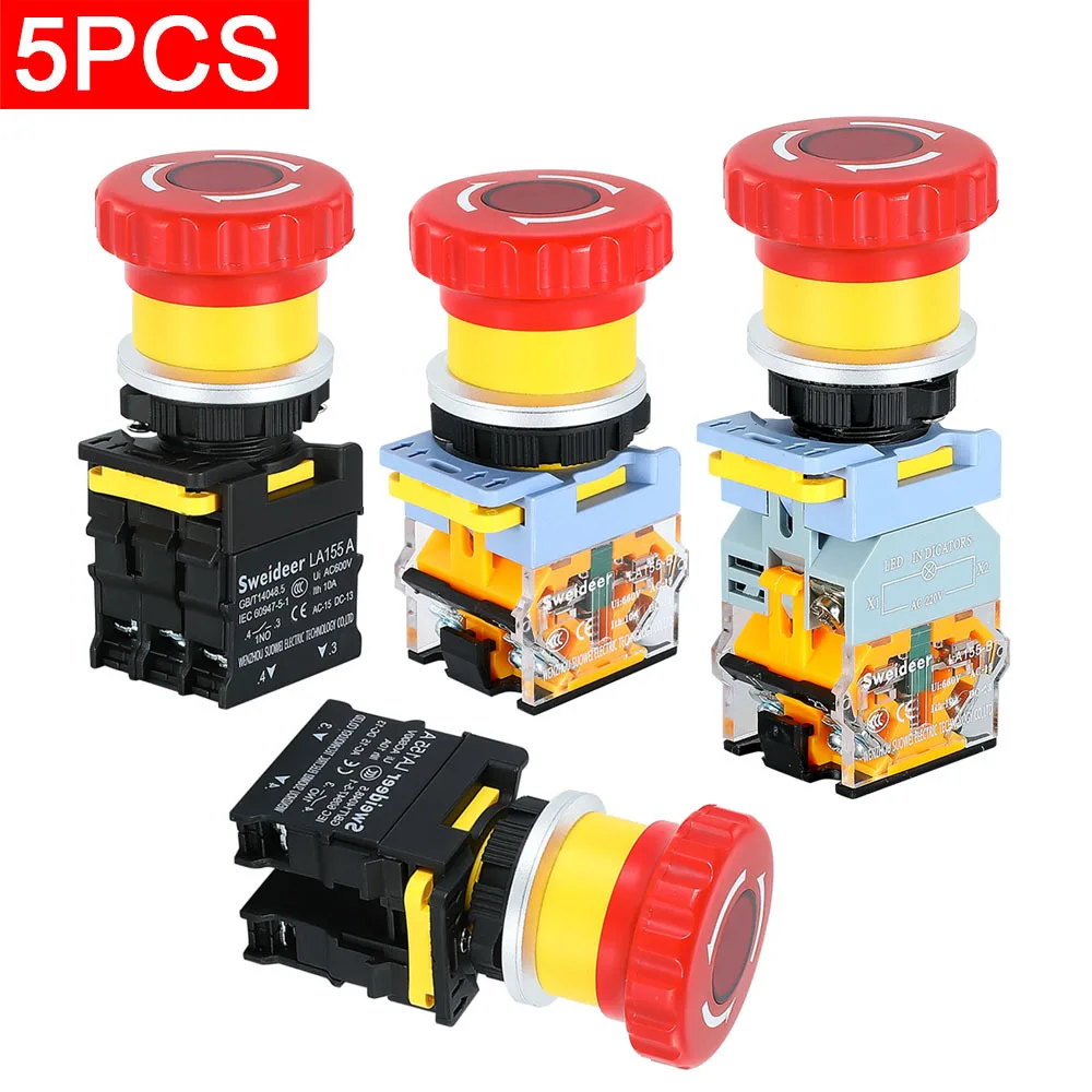

5 шт., 22 мм, грибной переключатель аварийной остановки с подсветкой, 220 В, 10 А, аварийный выключатель питания, электрический выключатель стартера