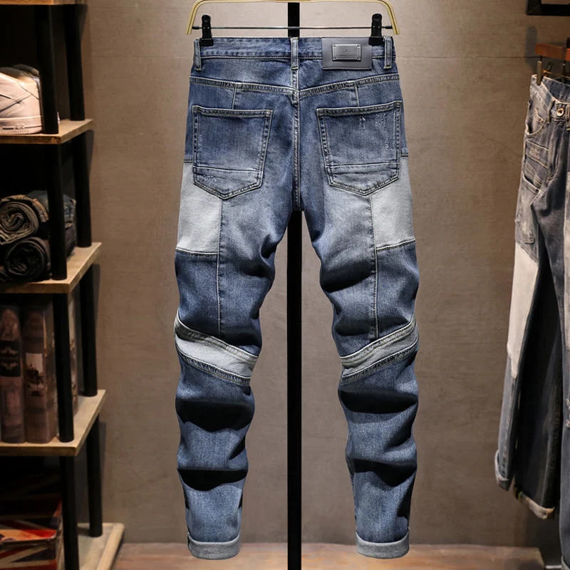 Jeans Pria Fashion Desainer Jalanan Jeans Robek Sambungan Slim Fit Biru Dicuci Retro Celana Denim Antik Hip Hop Pria Hombre