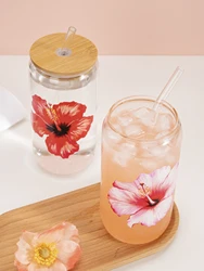 500ml 16.9oz 3D Printed Glass Cup Hibiscus Coffee Cups With Bamboo Lid And Glass Straw Brush Valentine's Day Gift Drinking Cup