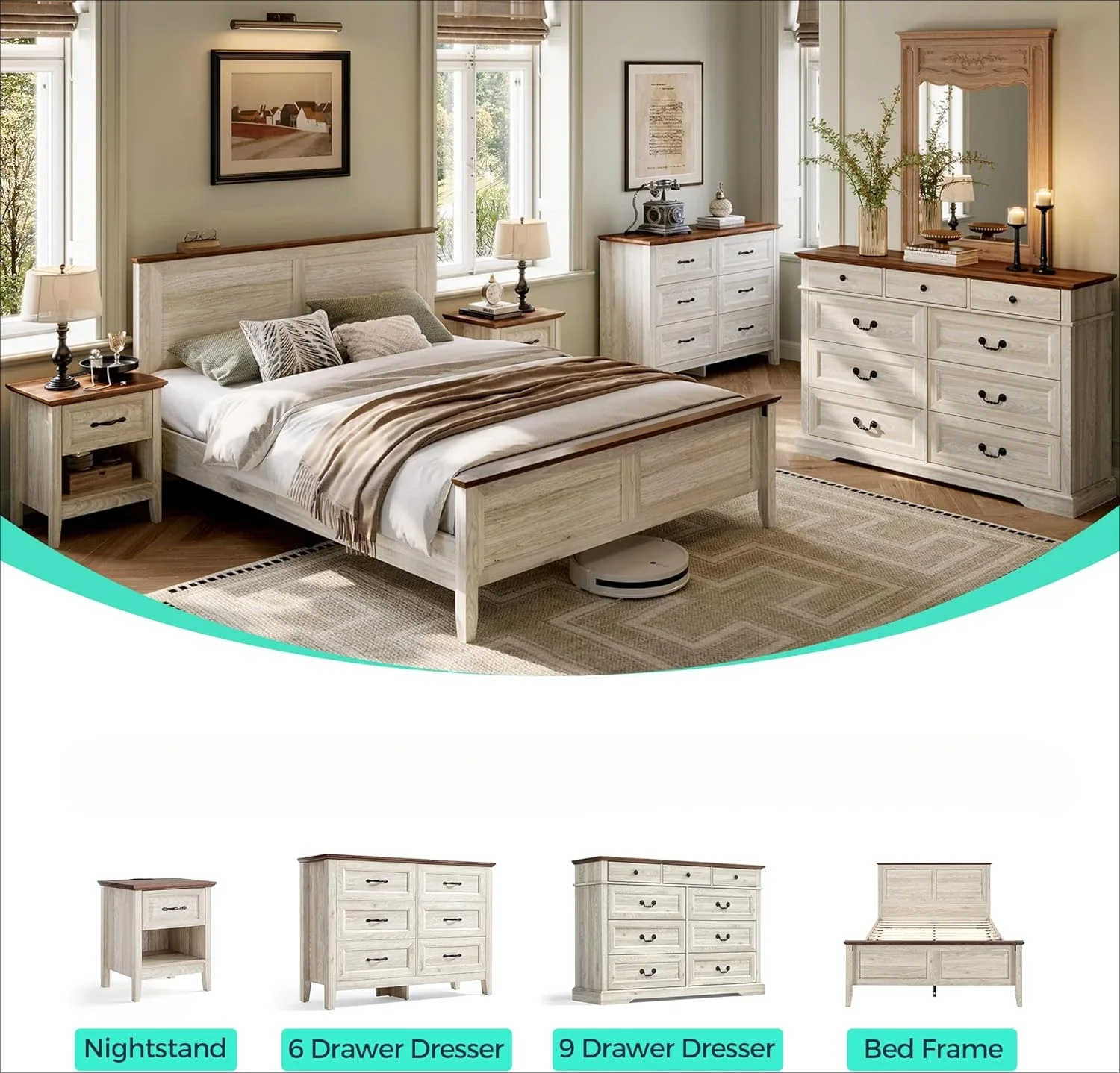 

Queen Bedroom Set Include Wood Queen Bed Frame with High Headboard, Nightstand Set of 2, 3 Piece Wood Bedroom Furniture Set