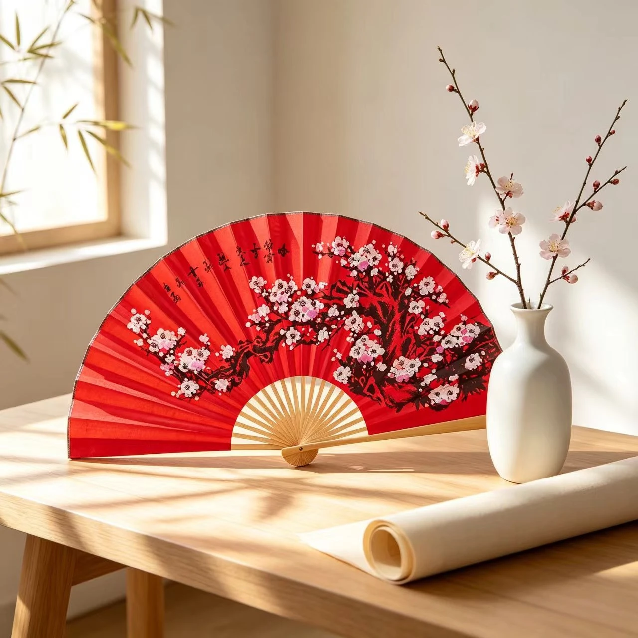 Red Plum Blossom Large Decorative Wall Fan,Oriental Bamboo Giant Folding Fan,Wall Art Ornament for Living Room Hotel Background