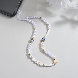 Bohemian style pearl mixed with devil's eye love woven phone chain