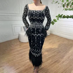 Customized Vintage Feathers Prom Dresses Black Mermaid Wedding Party Dresses Mid Calf Length Beading Evening Gowns Long Sleeves