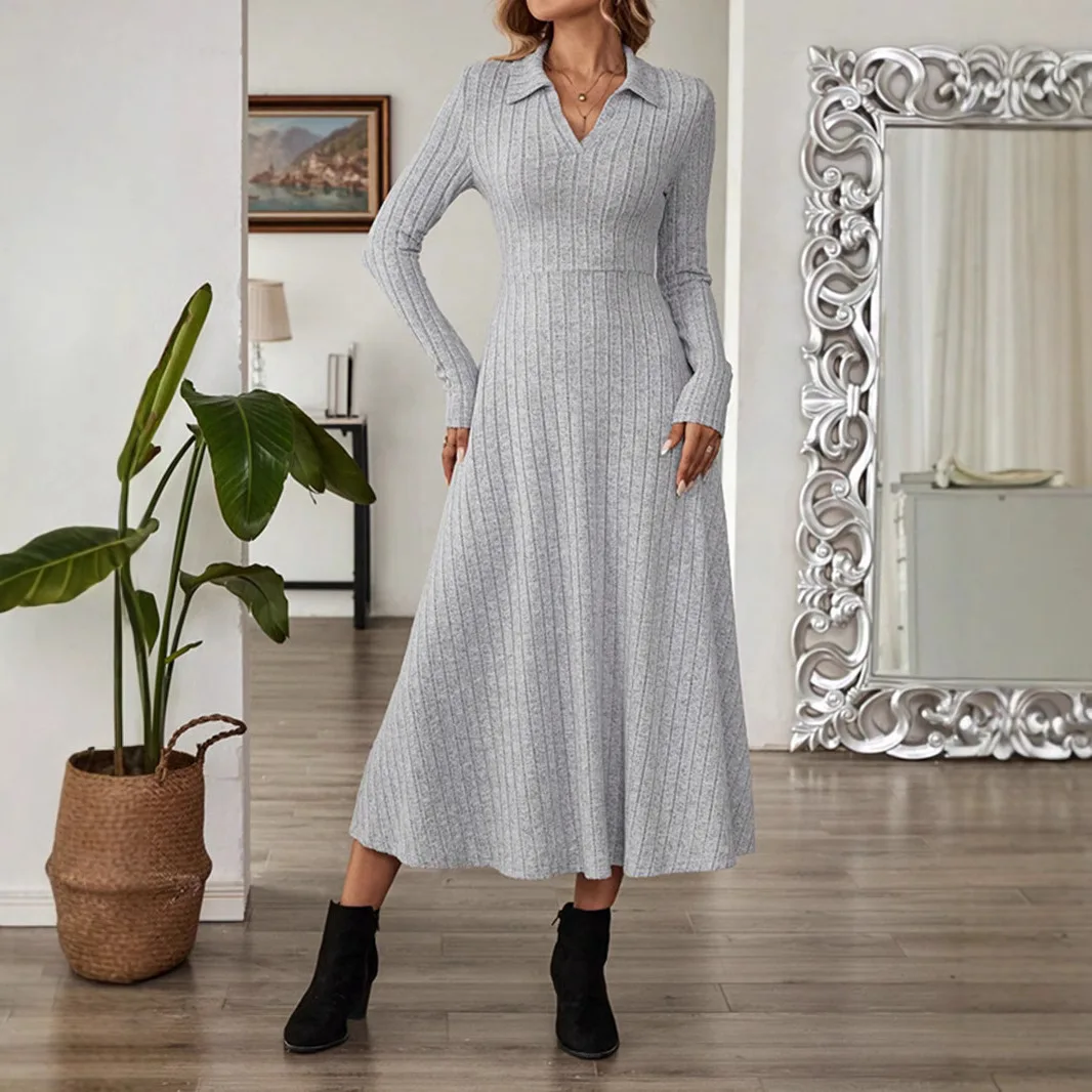 Moda de inverno vestido estético feminino com decote em v silm fit vestidos de manga comprida vestido longo cinza sólido camisa de festa elegante roupas y2k