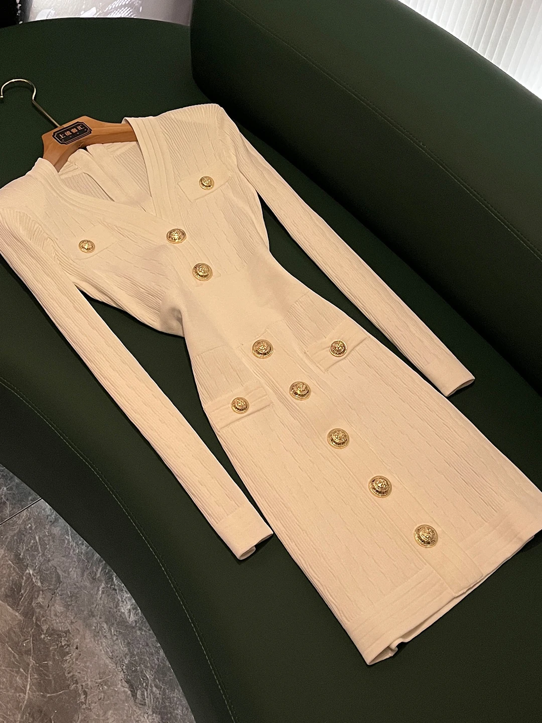 

Slim Fit High Waist Long Sve V-Ne Knitted Dr Women's Ba Zipper Gold Buttoned Skirt Ci Commute Sle Polyester Fiber